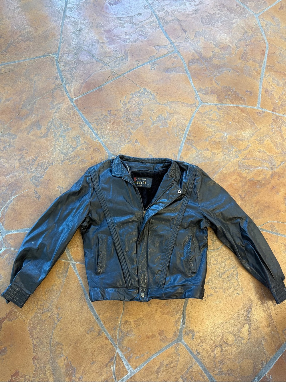 Vintage 80s Korean Tony's Men's Black Leather Motorcycle Jacket with Lining